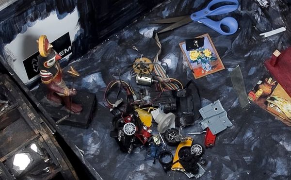 Jean-Luc Godard, "The Camera (metaphor)" (2004–06, detail), foamcore, watercolor, motorized mechanisms, paper collage, Plexig