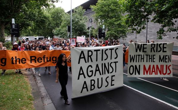 A protest outside the National Gallery of Victoria (photo by Tatjana Plitt, courtesy the Artists' Committee)