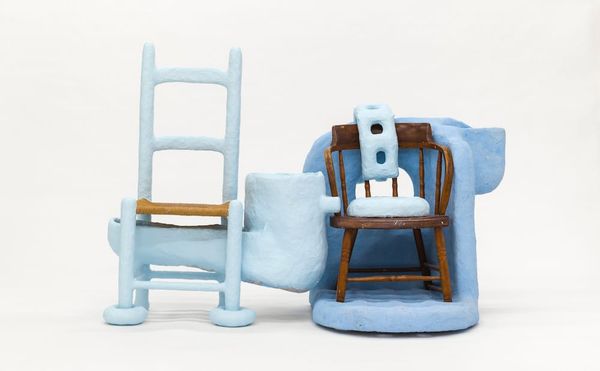 Thomas Barger, "Love Me, Protect Me Chair" (2018), paper pulp, plywood, two wooden chairs, polyurethane, and paint, 44 x 60 x