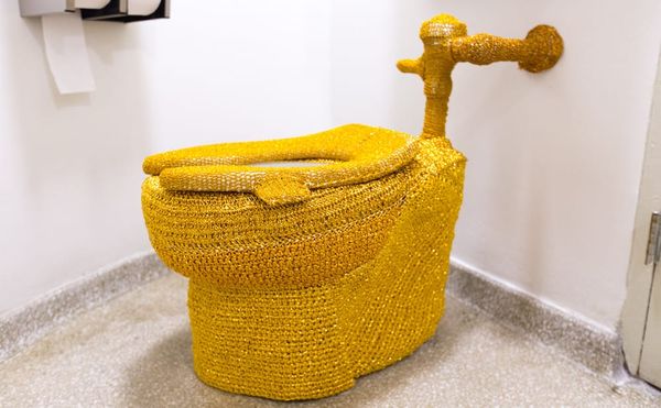 A guerrilla intervention in the Guggenheim Museum's fourth floor bathroom (photo provided to Hyperallergic by anonymous sourc