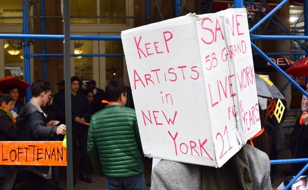 Loft tenants protesting outside the offices of the New York City Department of Buildings at 280 Broadway