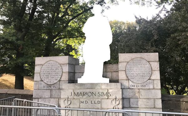 The statue of J. Marion Sims has been removed from Central Park (illustration by the author for Hyperallergic)