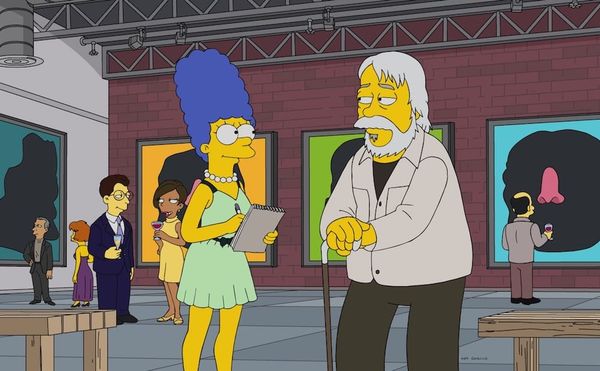 John Baldessari's appearance in episode 13 of season 29 of The SImpsons, "3 Scenes Plus a Tag from a Marriage" (Courtesy The