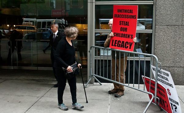 Demonstrators from Save the Art – Save the Museum protest the sale of Berkshire Museum artworks at Sotheby's