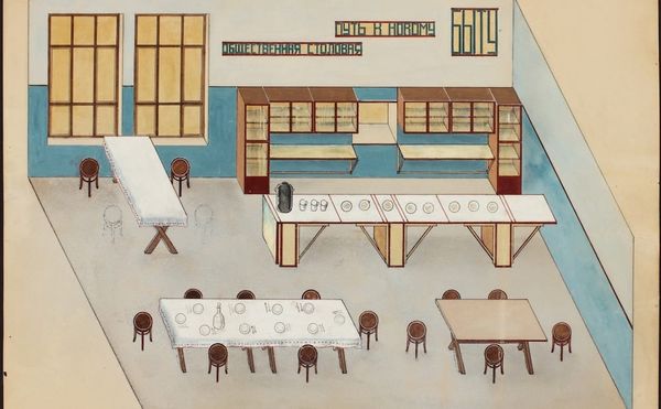 Elena Vladimirovna Semenova, "Relaxation Room" (1926), gouache, pen, and ink on composition board, 14 7/8 x 20 3/8 in, the Mu