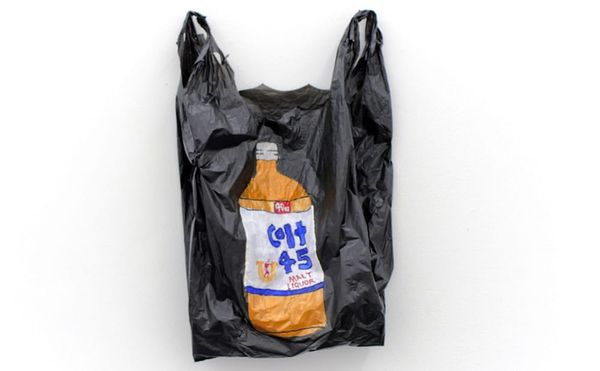 Ginssiyo Apara, "Bodega boys: Colt 45" (2017), acrylic on plastic