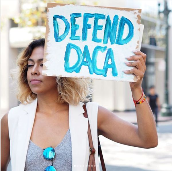 Defend DACA Action, Oscar Grant Plaza (aka Frank Ogawa Plaza), Oakland, 45mm lens (photo by the author for Hyperallergic)