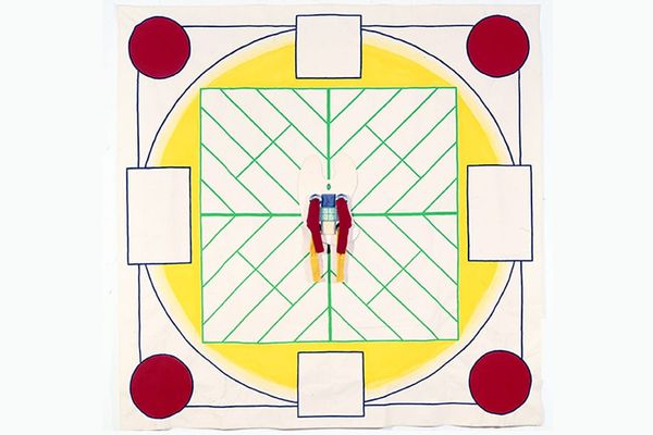 B. Wurtz, Green Basket #2, 1994. Canvas, acrylic paint, wood, tin cans, cloth 120 × 120 × 3.5 in. (304.80 x 304.80 x 8.89 cm)
