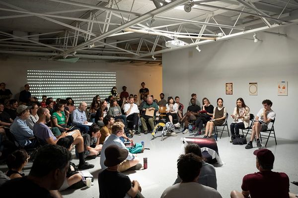 Third year student Marina Xenofontos presents her work to students and faculty, summer 2018. Photo: Pete Mauney