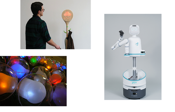 (Top Left): LoSai Clever Coat Rack, 2017 (Bottom Left): NEST Sound Sculpture, 2008 (Right): Moxi Healthcare Robot for Diligen