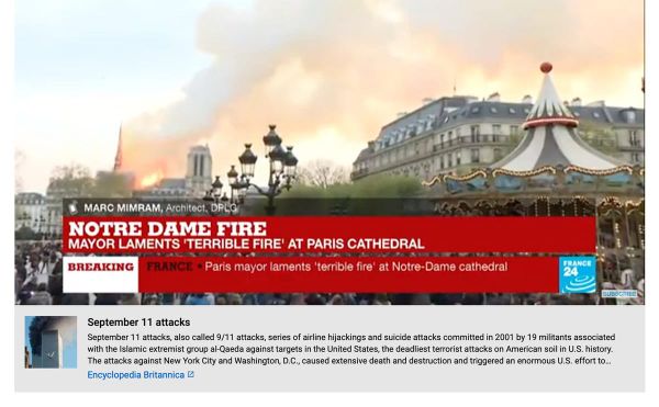 YouTube Flags Major Notre-Dame Fire as Misinformation, Links to 9/11 Article