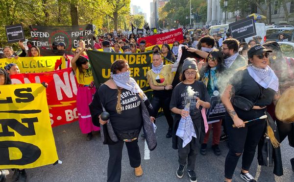 Hundreds March from American Museum of Natural History to Metropolitan Museum for Anti-Columbus Day Tour