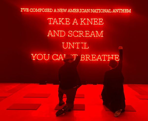 Nicholas Galanin, “Neon American Anthem (red)”, installation at SITE SANTA FE activated by artist Nicholas Galanin and curato