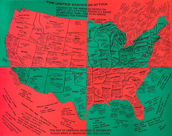“United States of Attica” (1972) by Faith Ringgold. An offset print depicting a map of the United States drawn into four gree