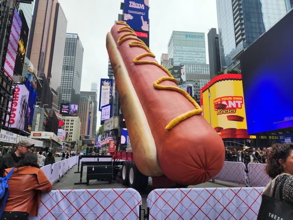 A 65-Foot Wiener Lands in Times Square
