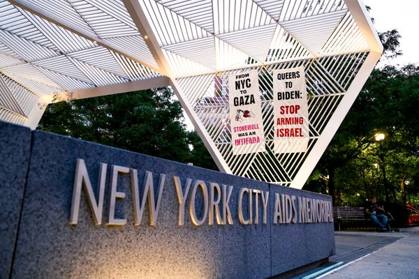Activists Drop Banners for Gaza at NYC AIDS Memorial