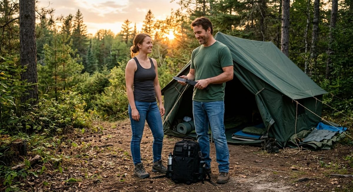 couple inspecting survival knife