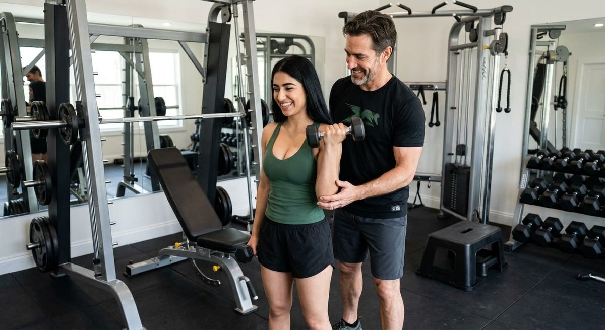 Man helping woman with her form doing dumbbell curls in home gym