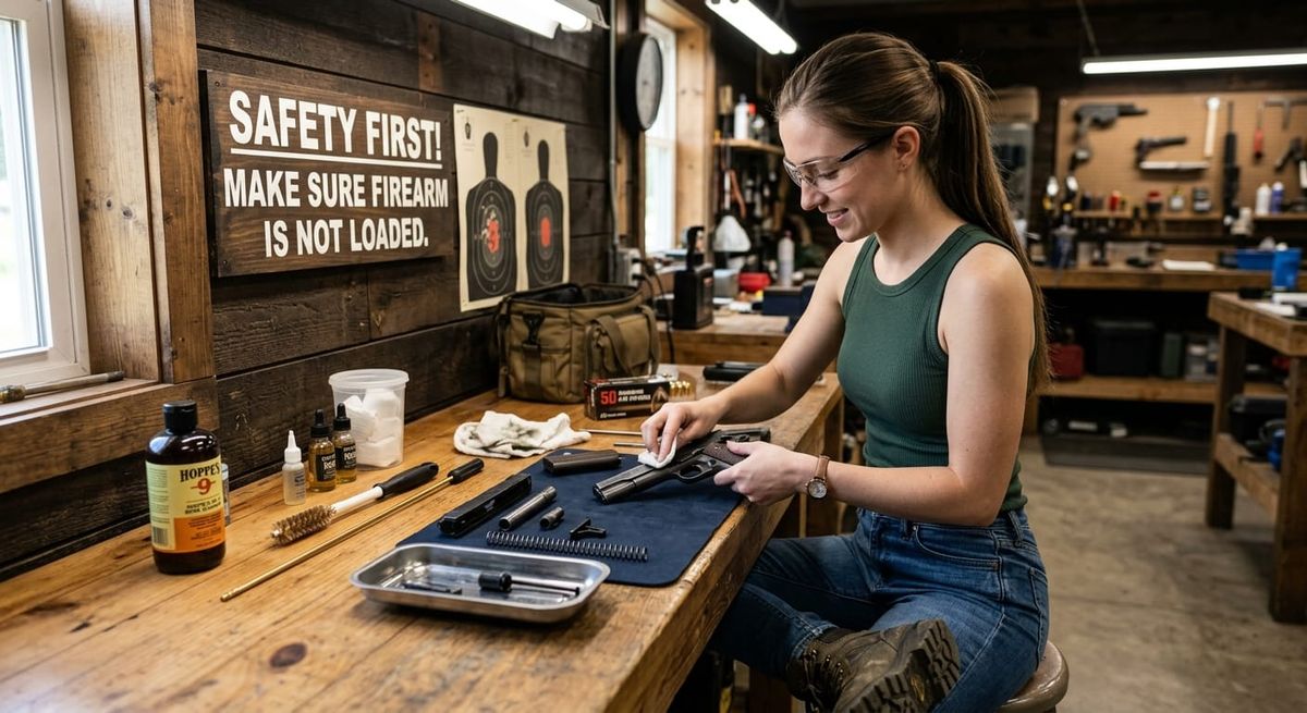 Woman Cleaning a firearm after shooting at the range