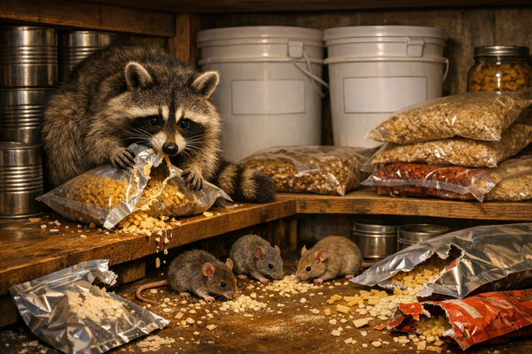 Racoon and Mice eating Emergency Food Stores