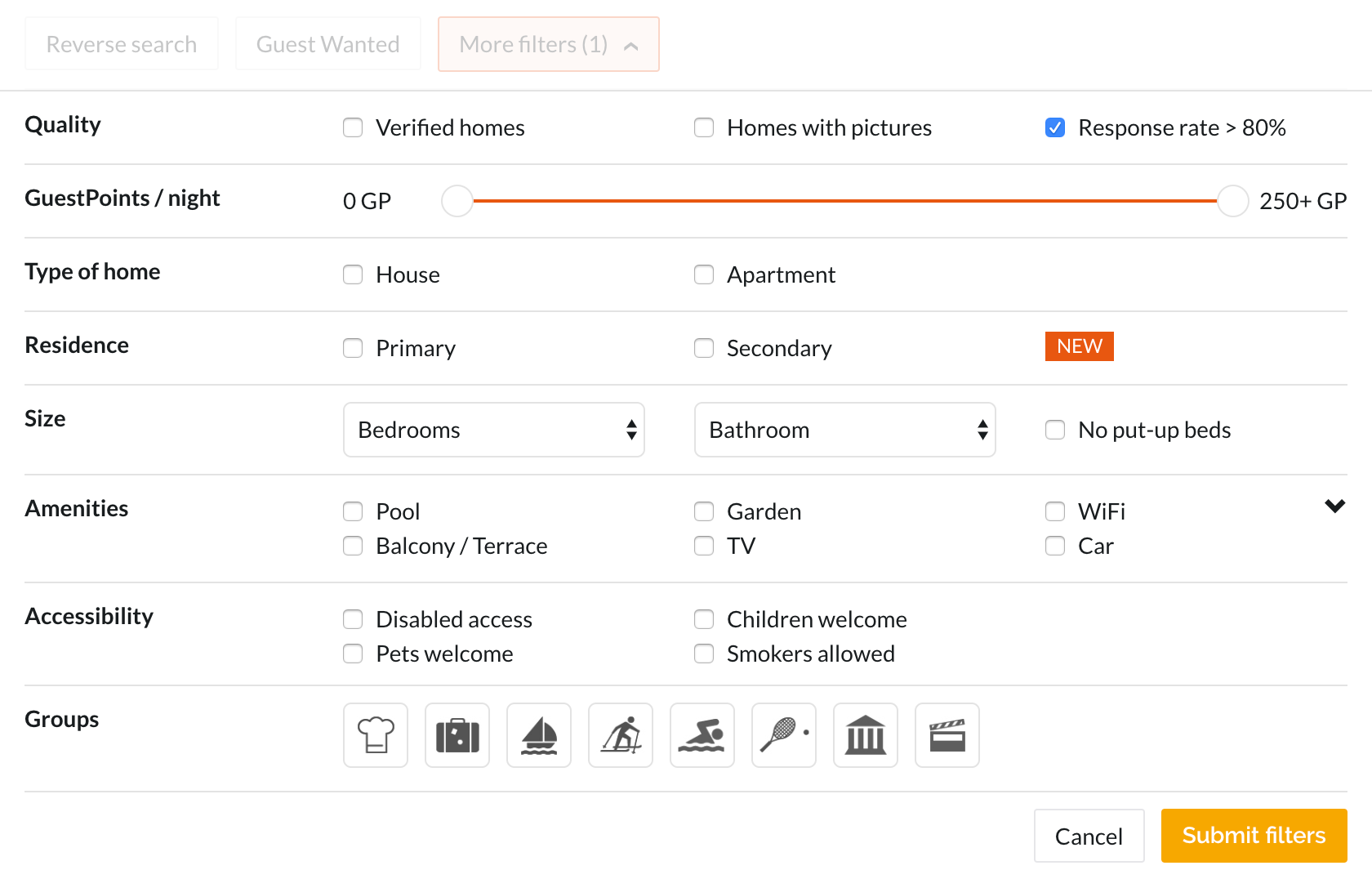 home exchange search filters