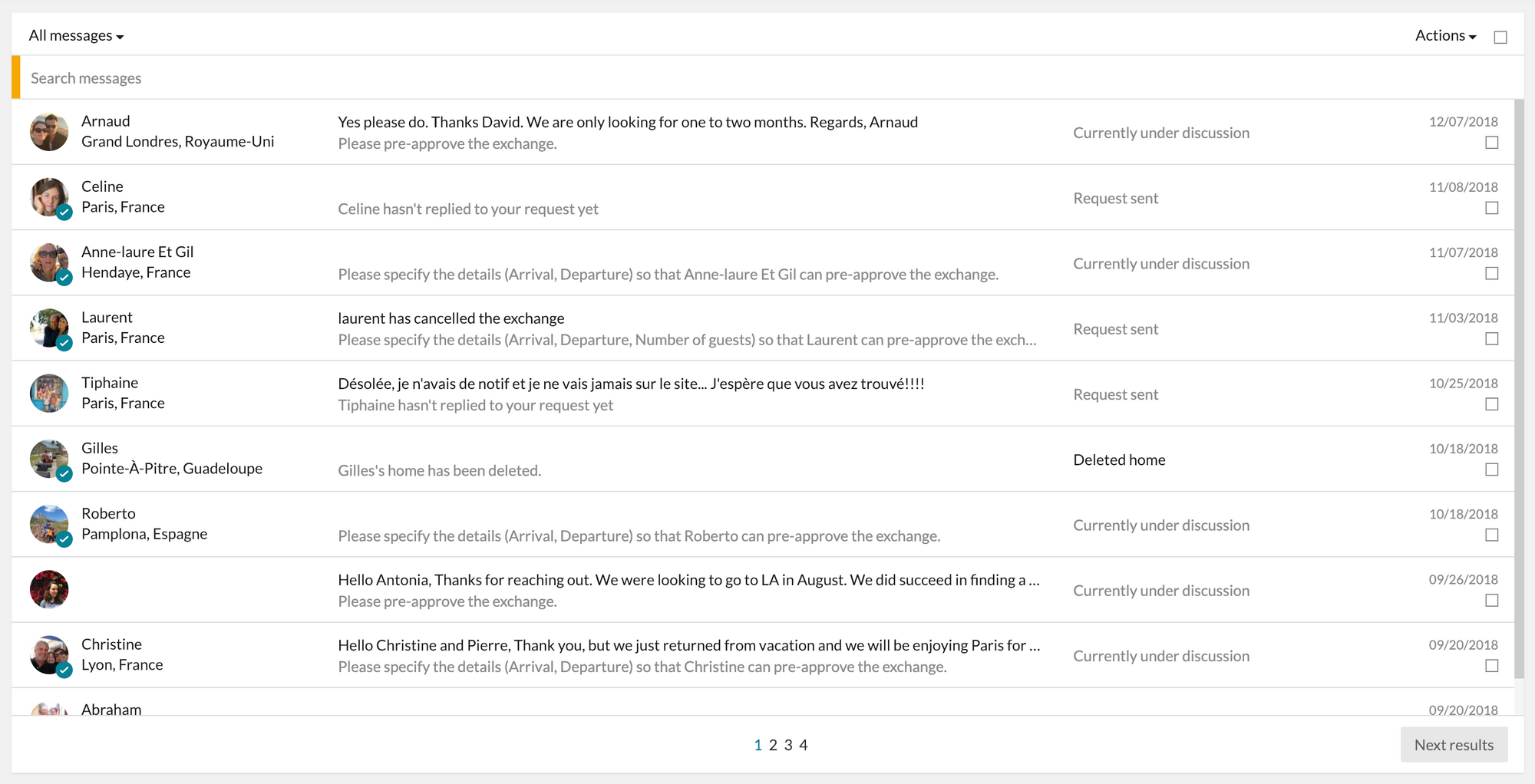 home exchange message tab