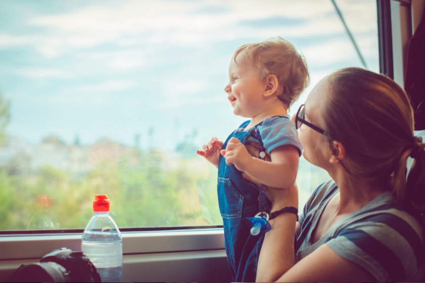 Family traveling by train