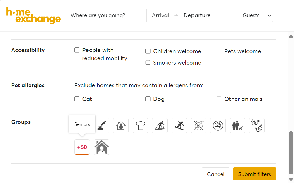 Use the seniors group filter to find home exchanges for retirees.