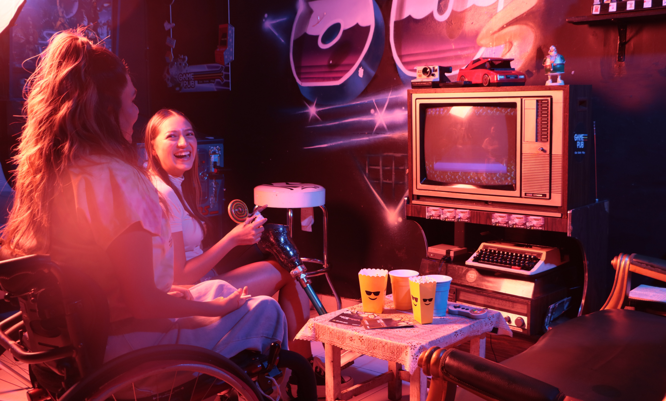 Friends enjoying thir time at a retro arcade in San Diego