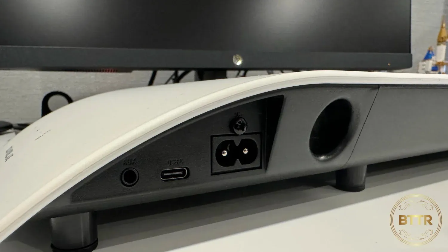 Close up of the connection panel at the back of the BlueAnt Soundblade