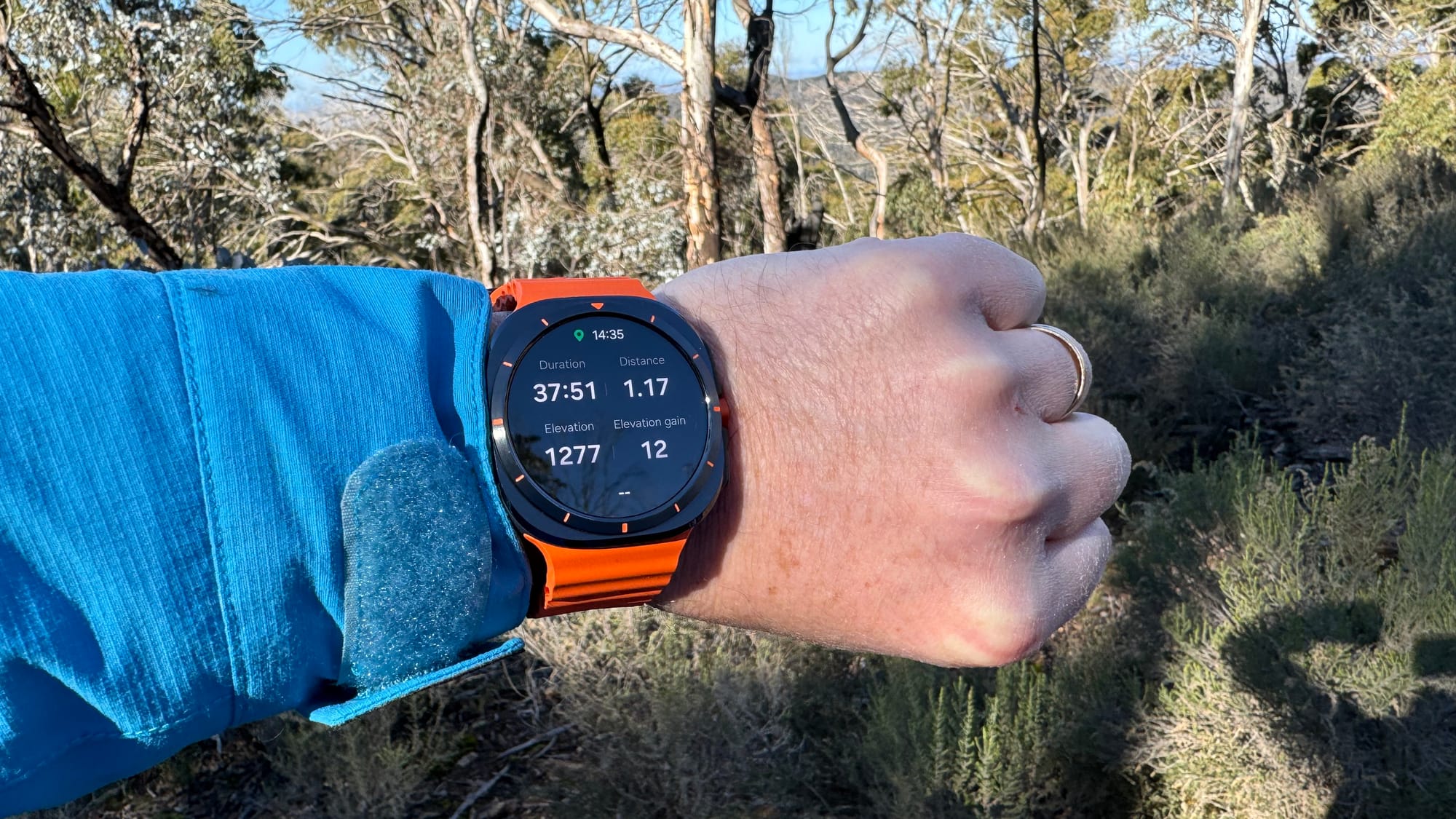 Wearing the Samsung Galaxy Watch Ultra on a hike