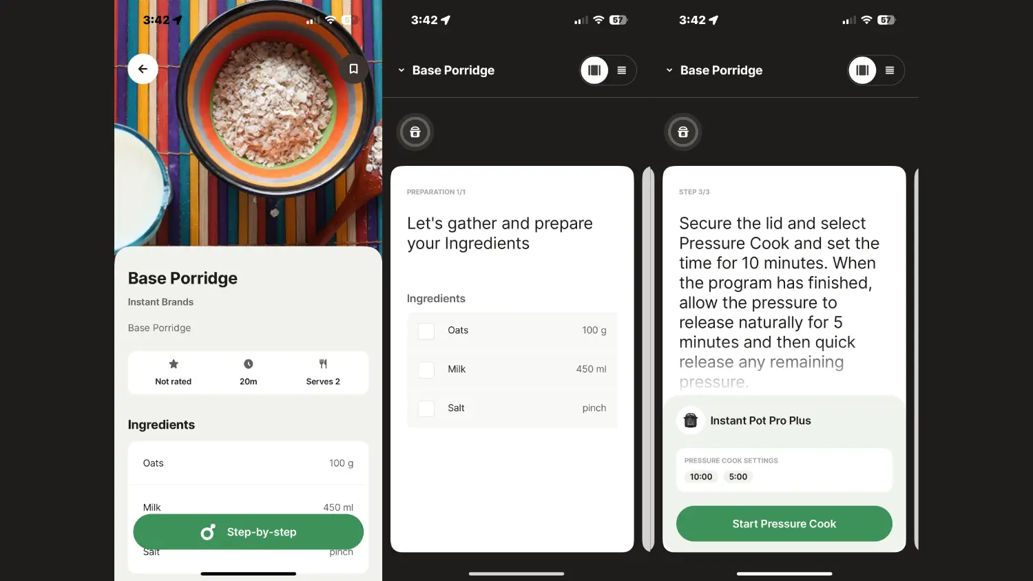 Screenshots from the Instant Pot app