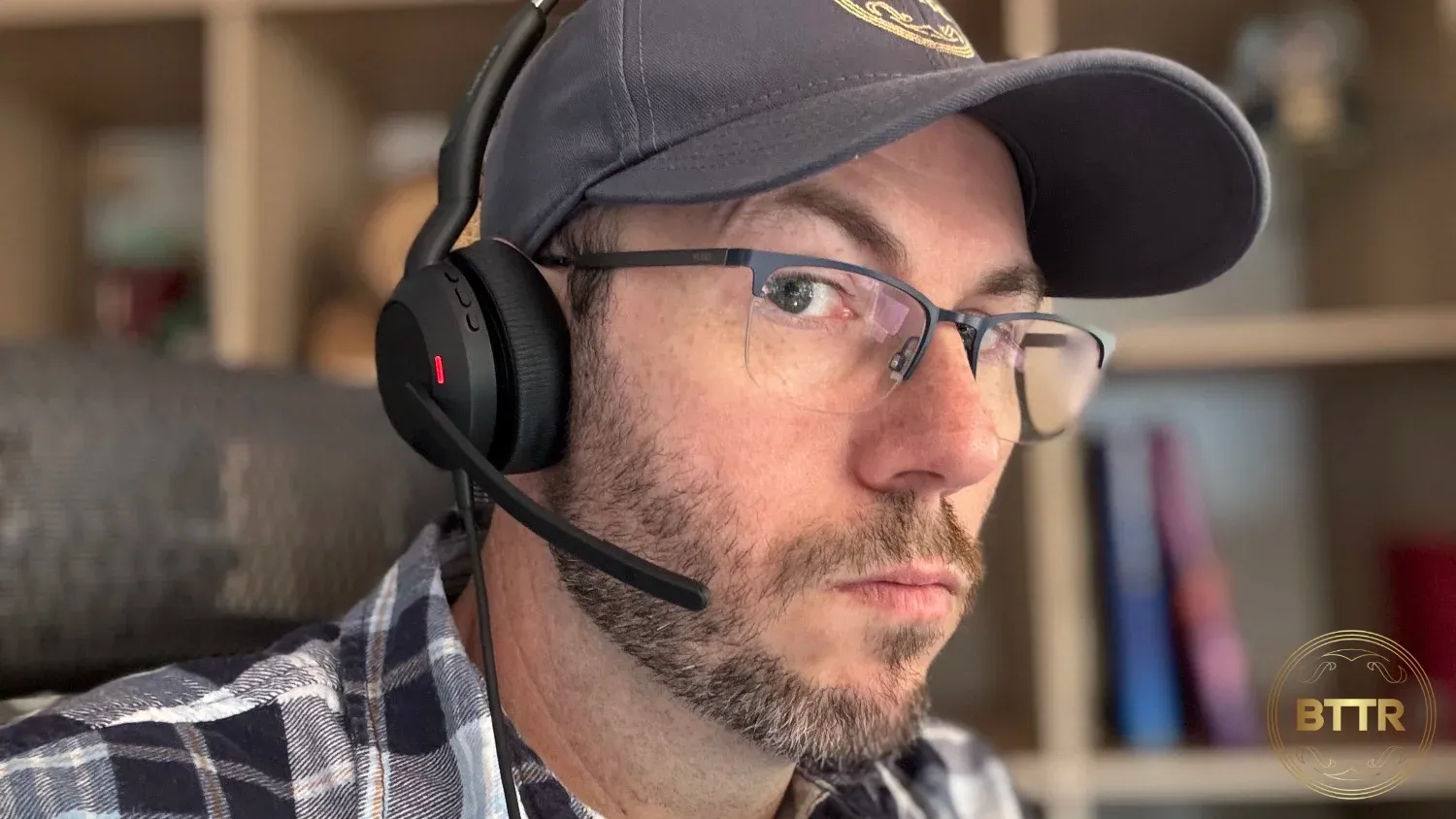 The evolve2 50 on my head with the boom mic down