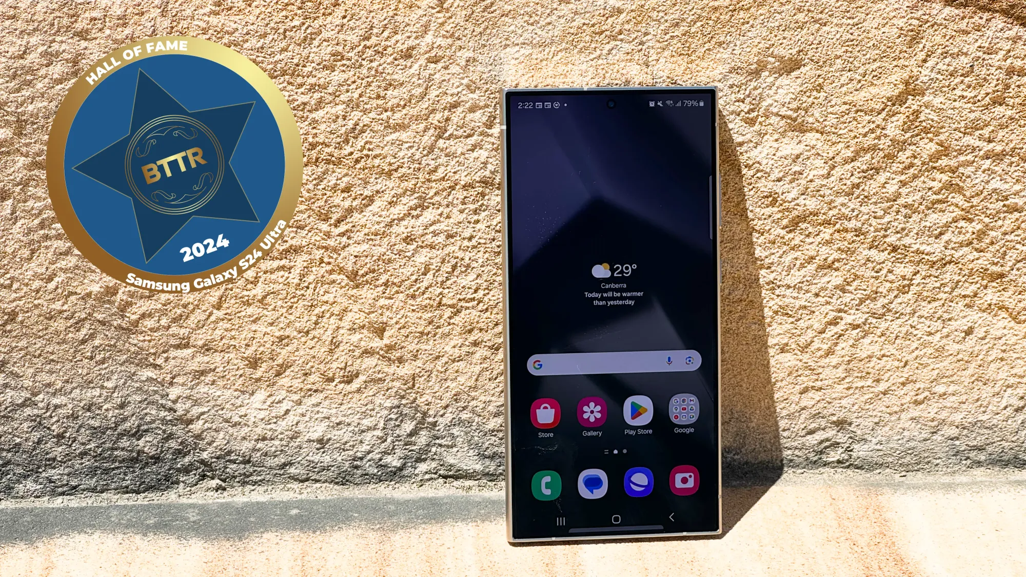 The Galaxy S24 ultra against a sandstone wall with the Hall of Fame badge