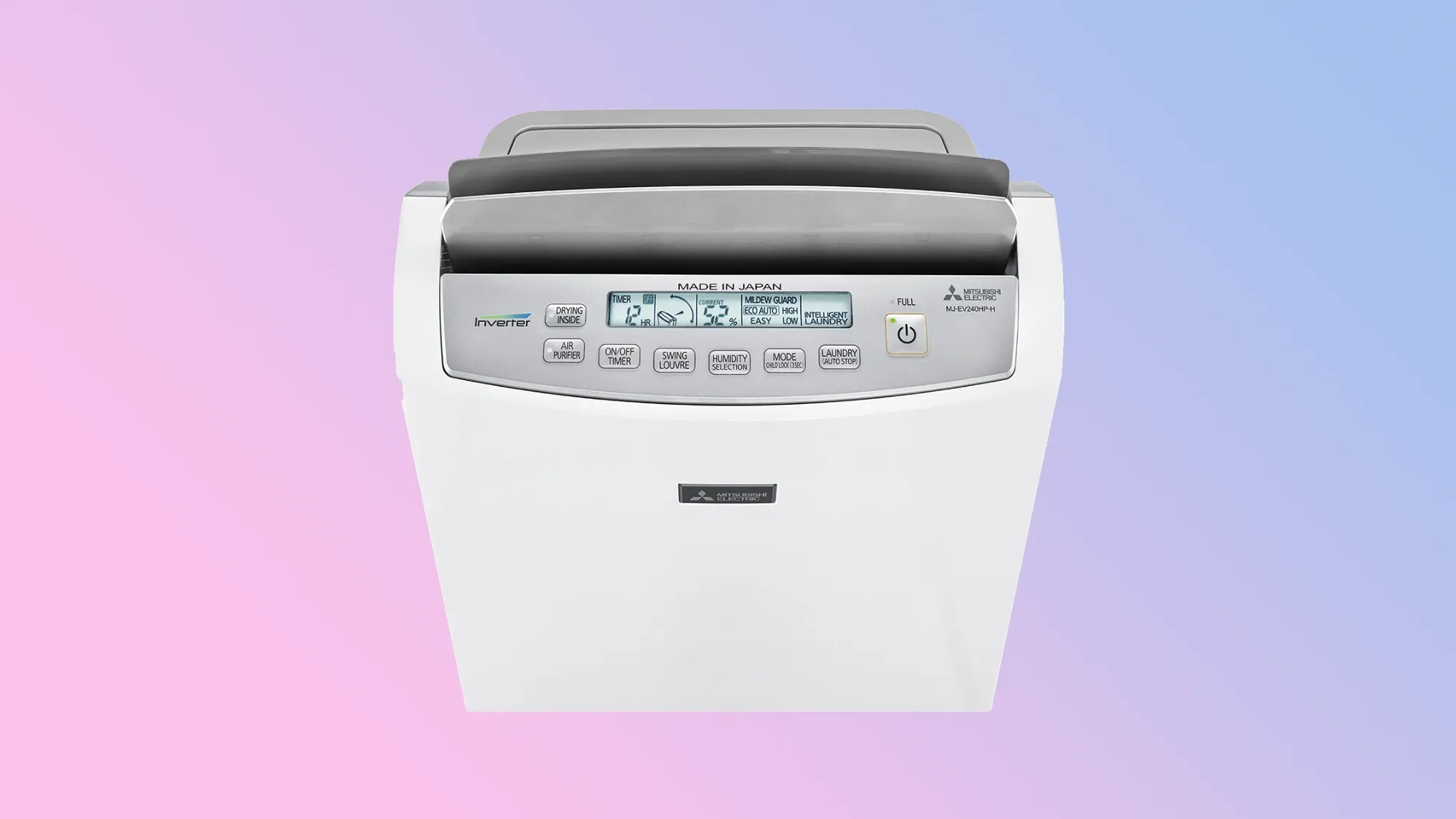 Mitsubishi Electric EV38HR 38L dehumidifier on a gradient background