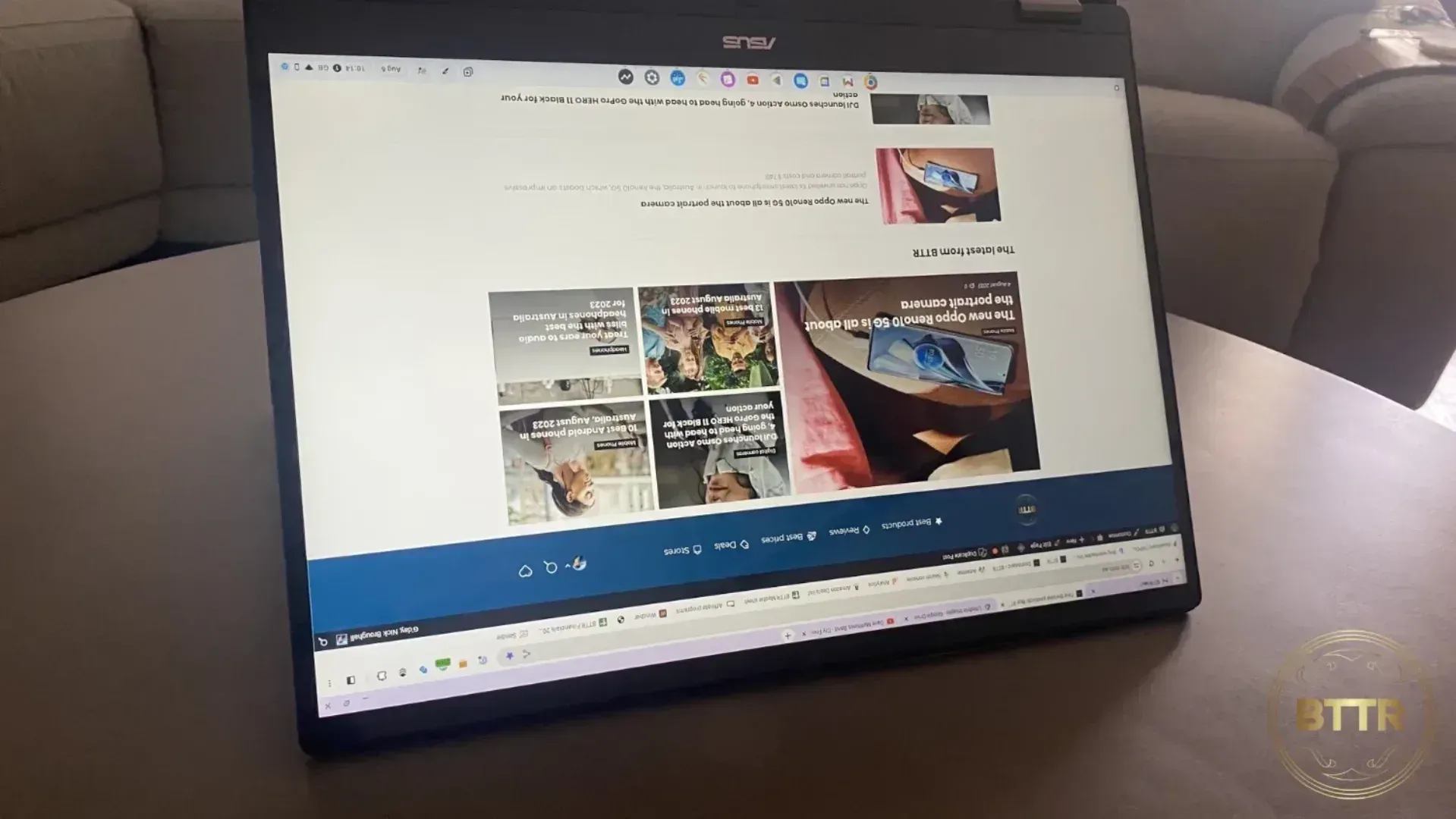 The Flip CX5 in tent mode, but the screen is upside down