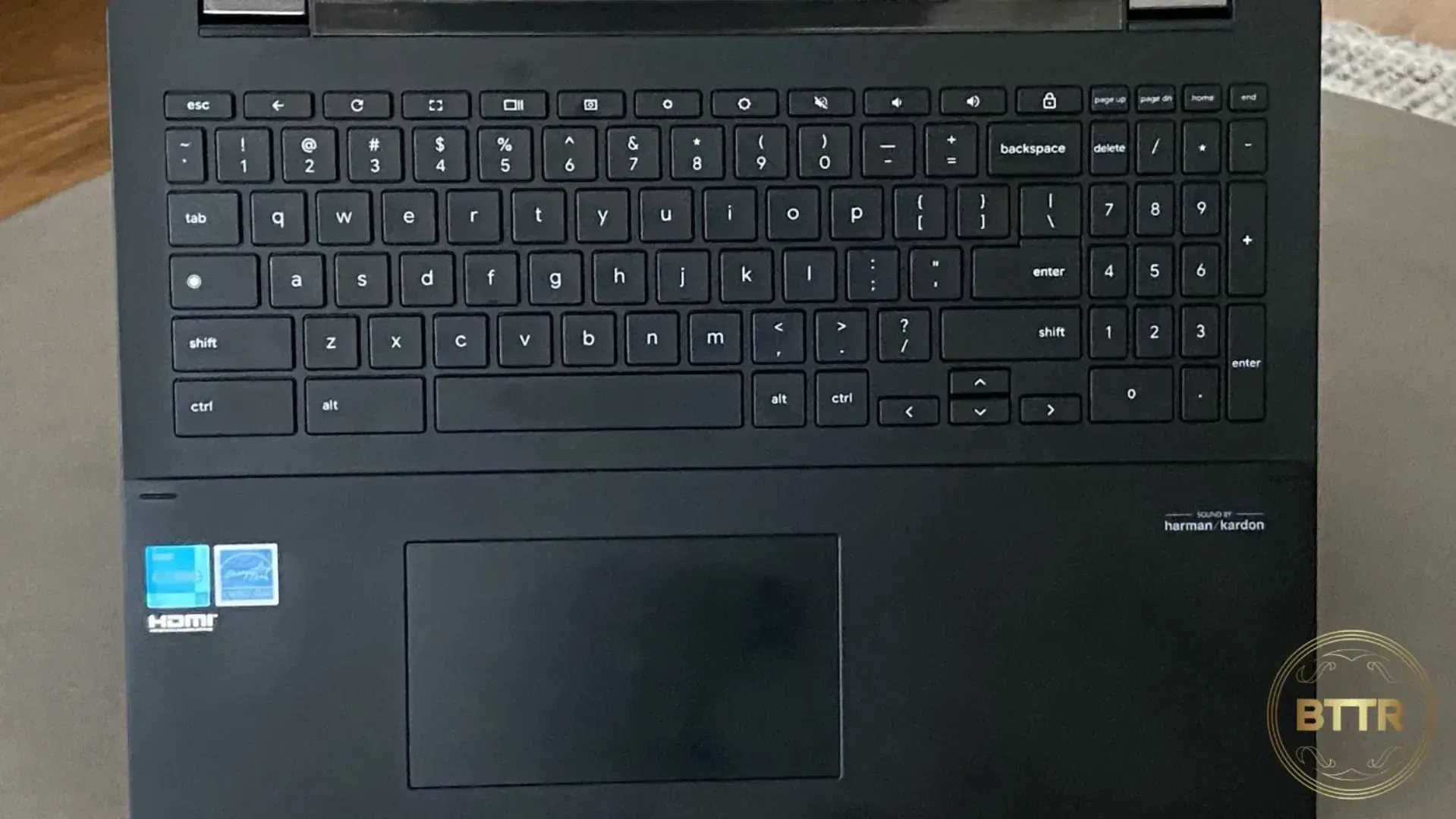 Looking down at the laptop's keyboard