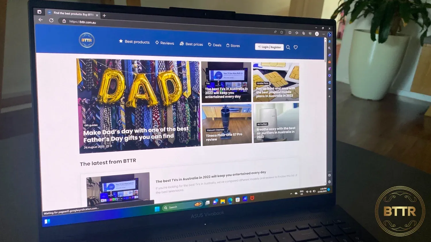 The screen of the Vivobook Pro 16X OLED showing the BTTR homepage
