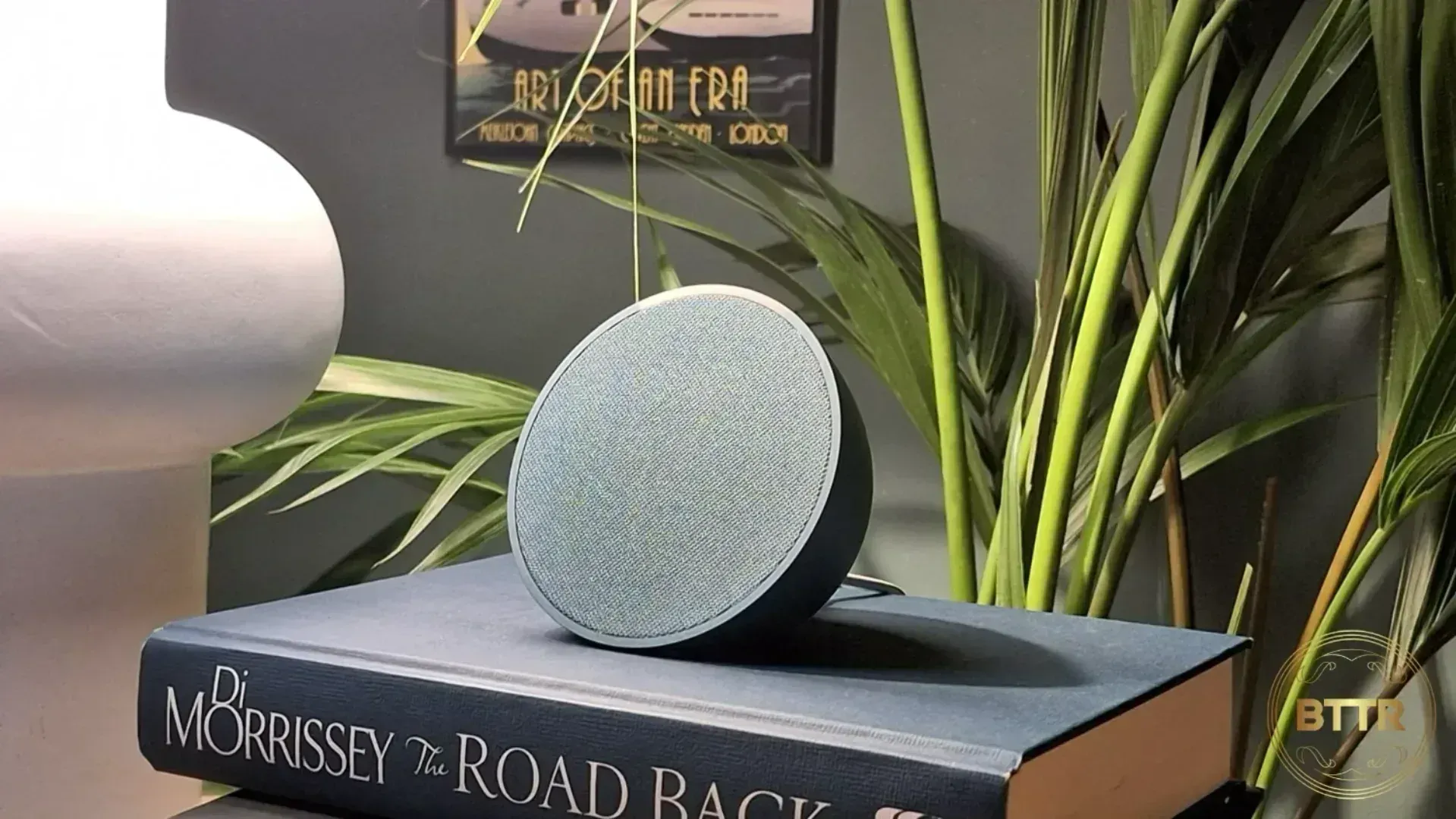 A close up of the Echo Pop on a pile of books