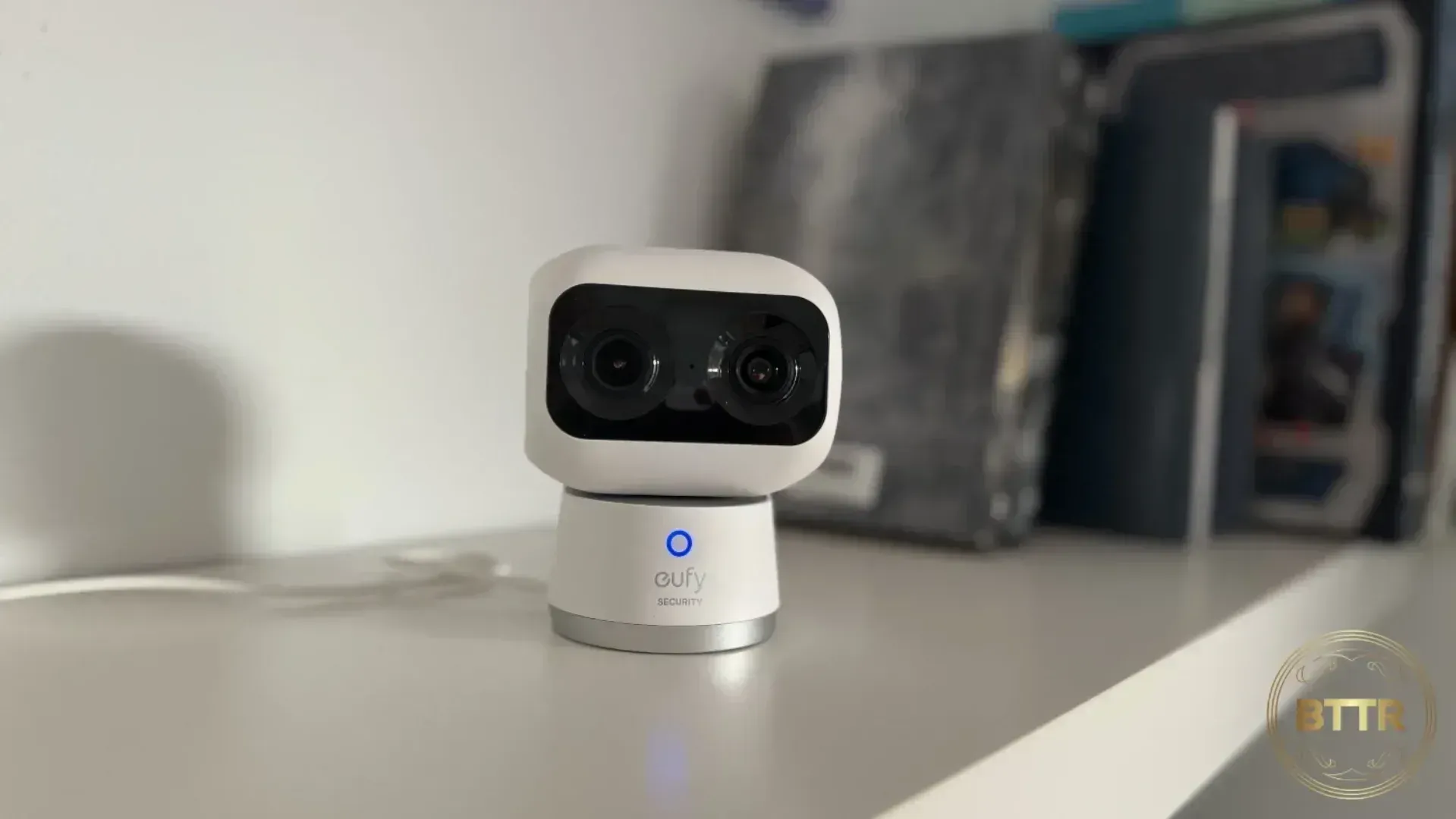 The Eufy S350 on a bookshelf