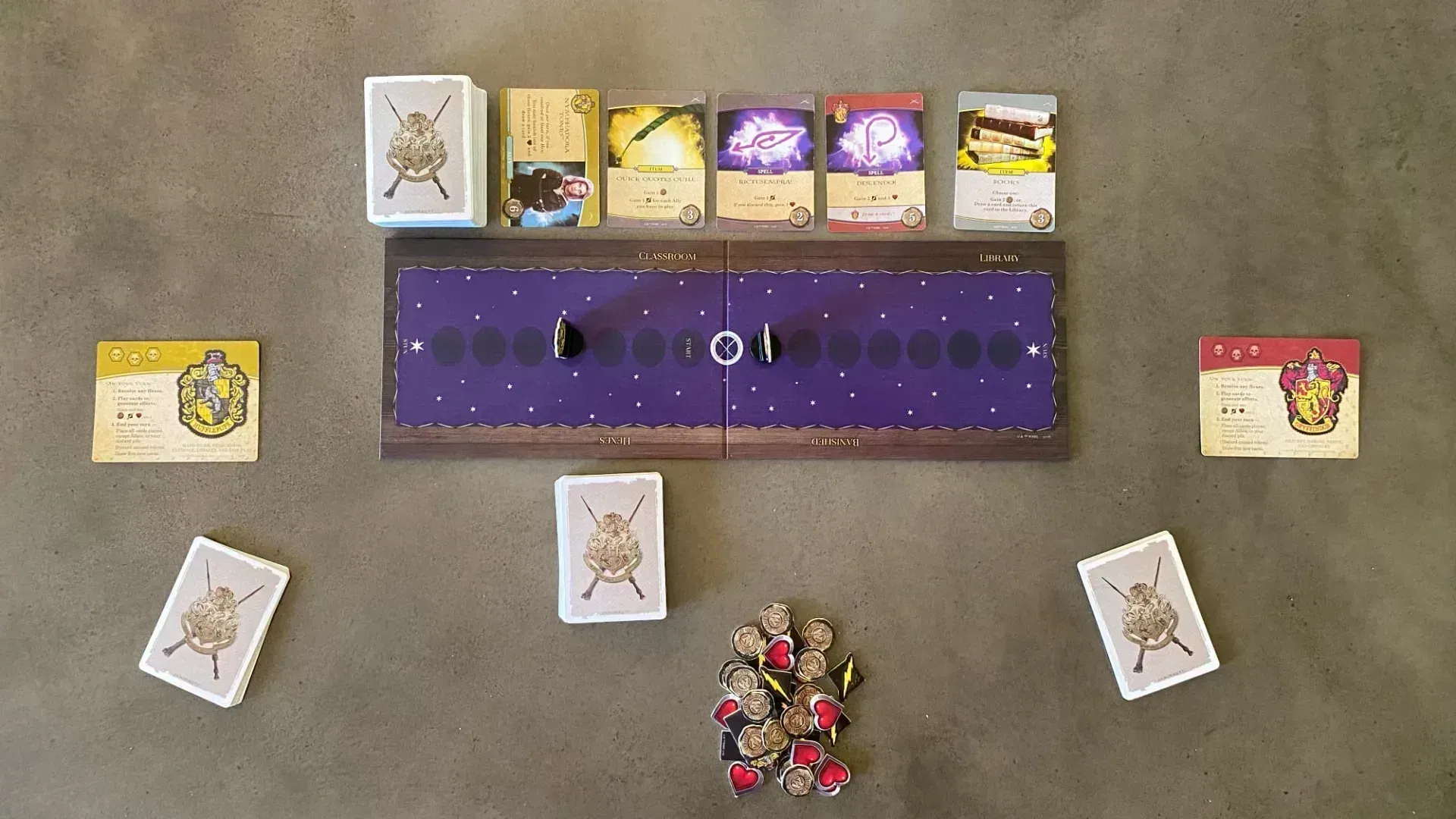Harry Potter Defence Against the Dark Arts board game looking down at a game set up to play.