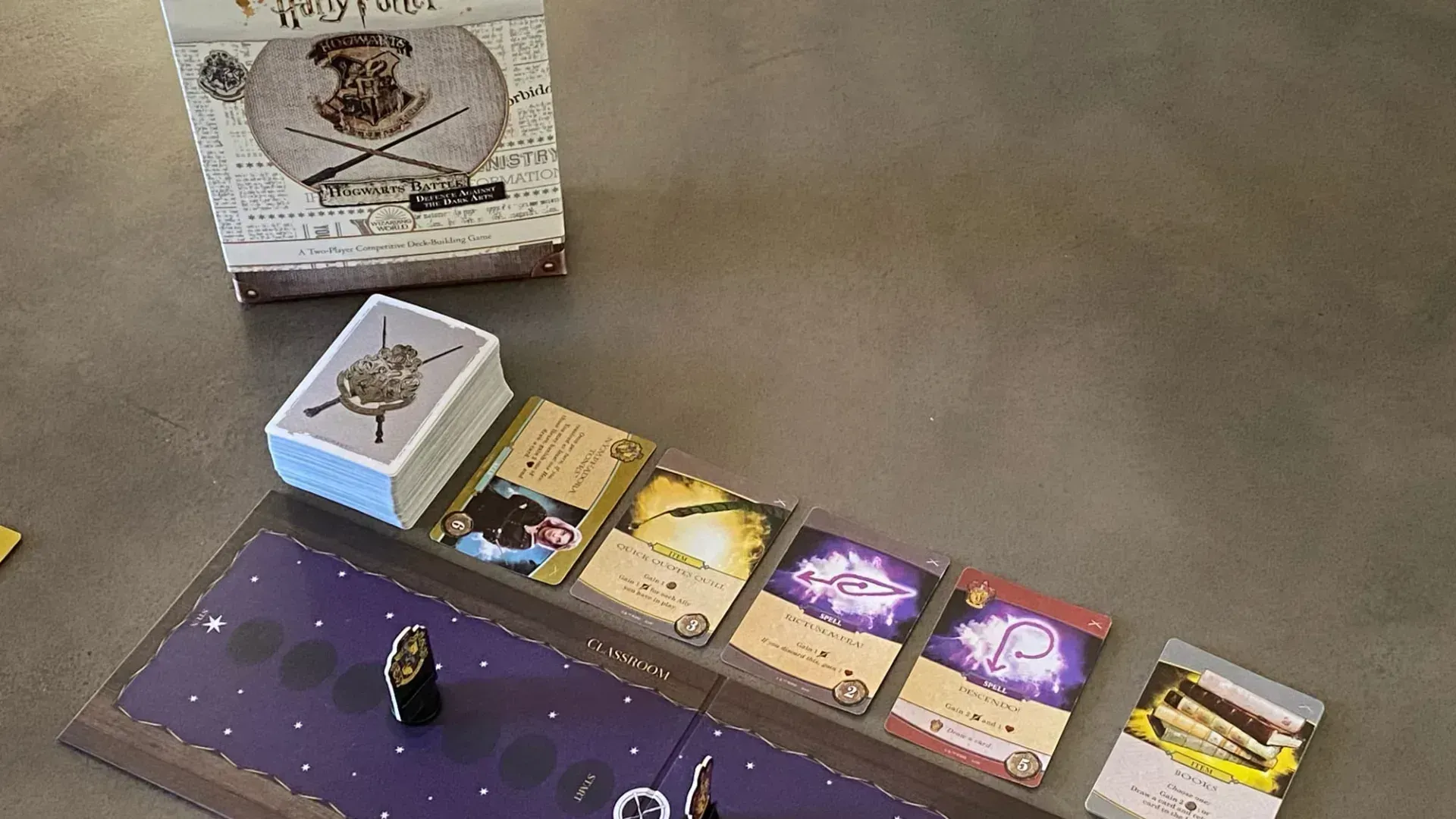 Harry Potter Defence Against the Dark Arts board game set up to play