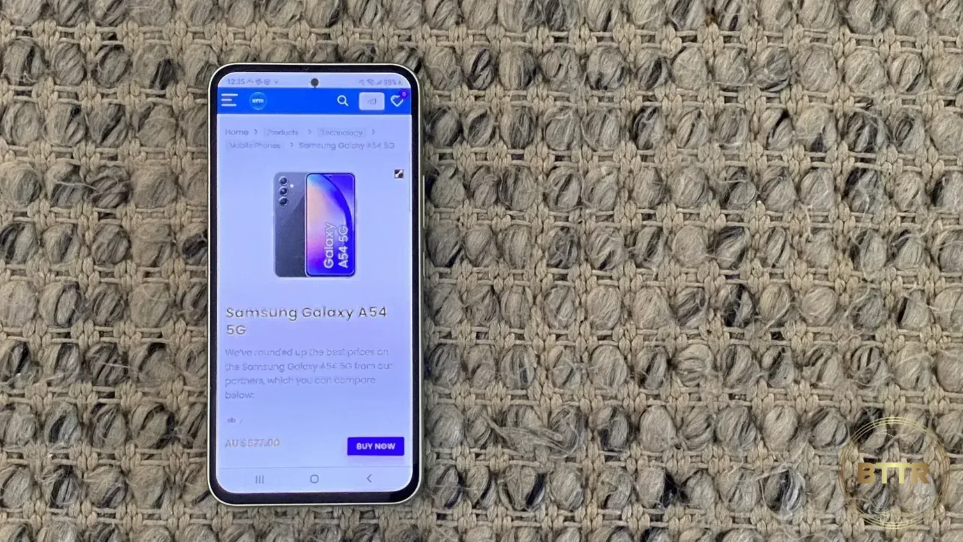 Samsung Galaxy A54 on the carpet browsing BTTR.com.au