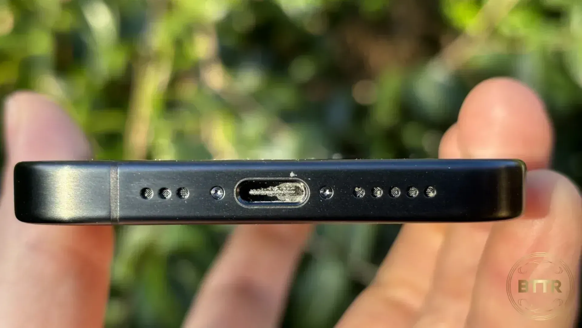 Close up of the USB-C port on the iPhone 15 Pro