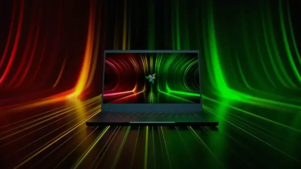 The Razer Blade14 gaming laptop with streaking lights in the background