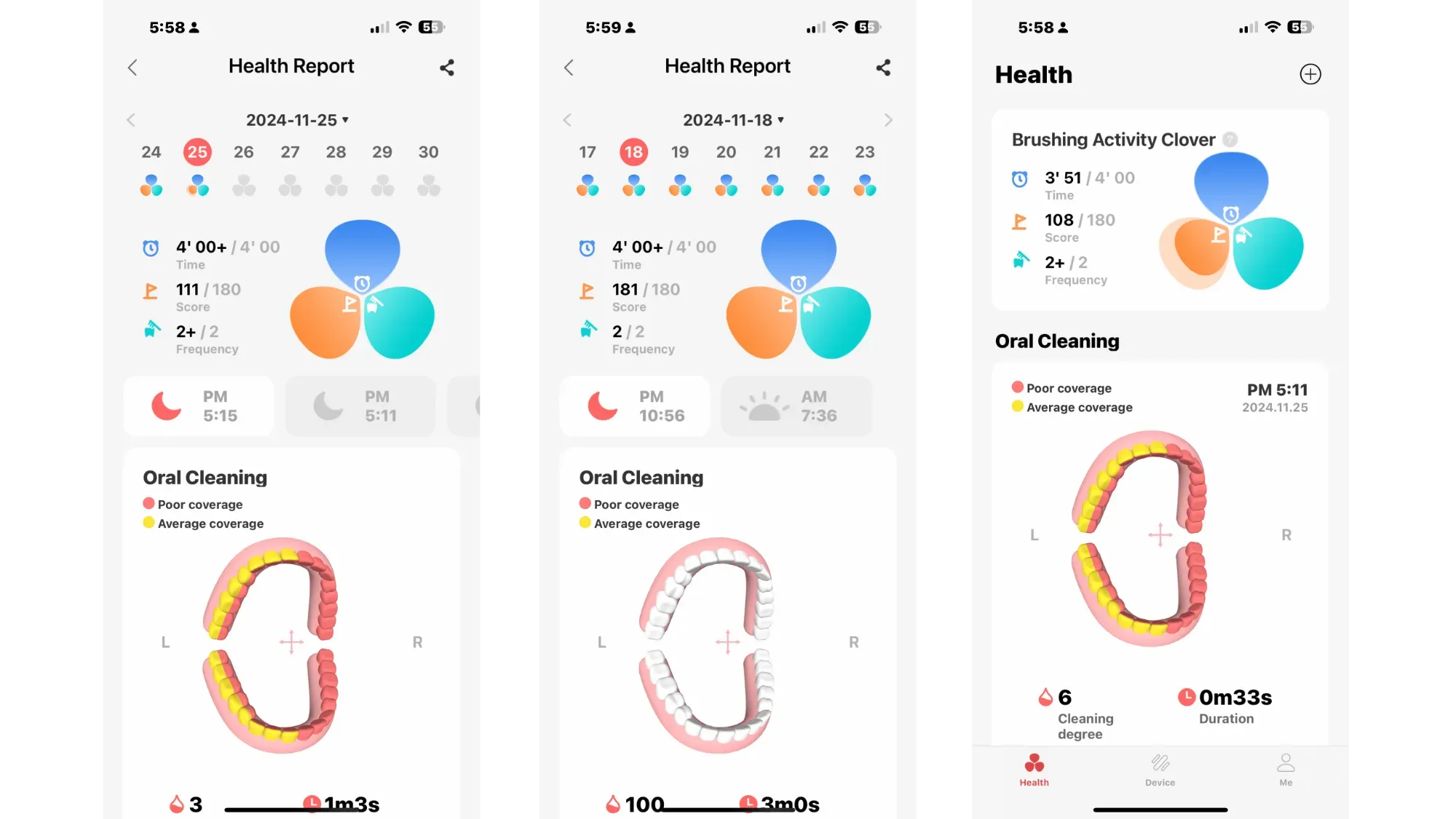 Screenshots from the Oclean app. 