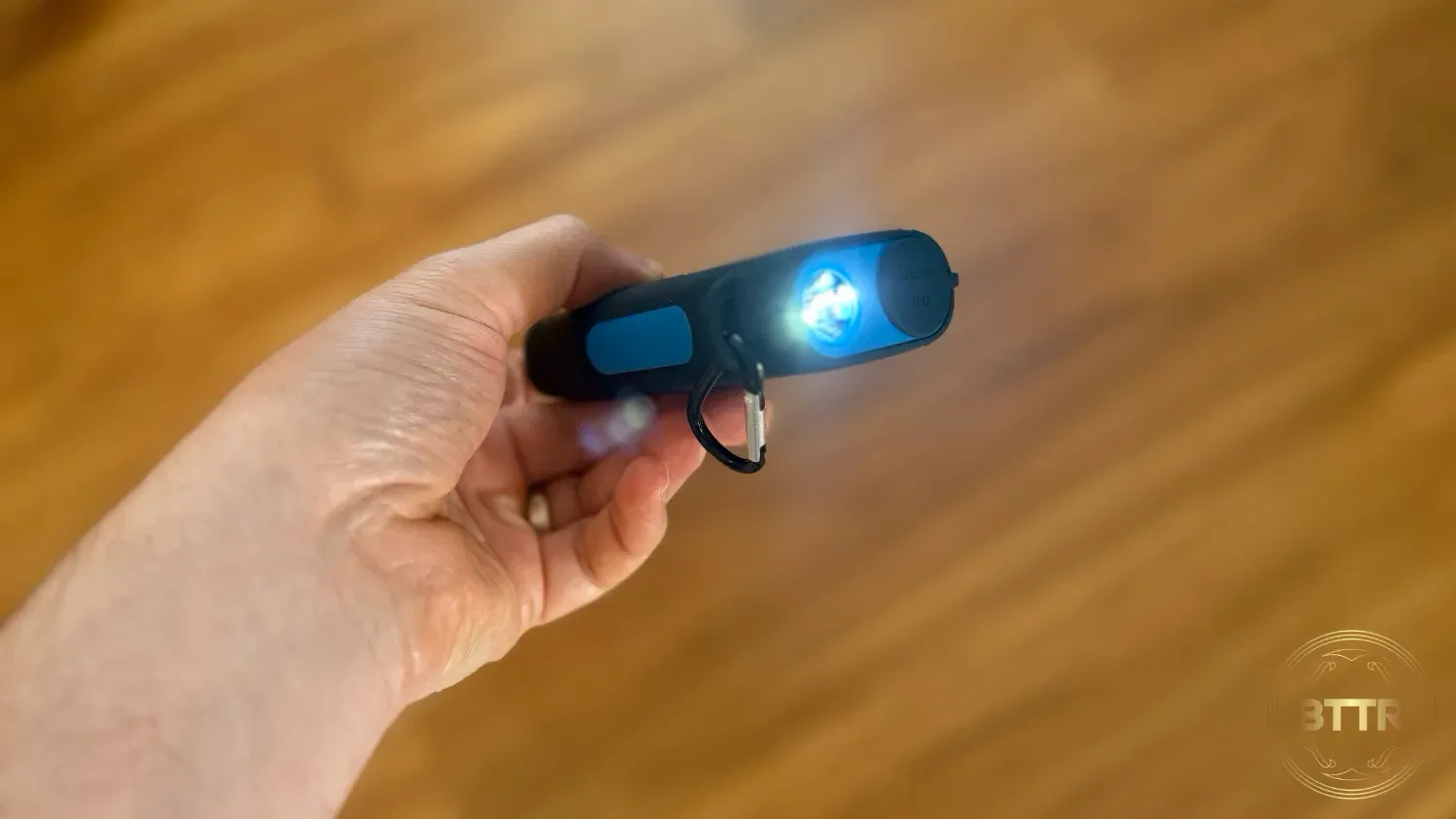 The torch has three brightness settings and a flashing mode for emergencies