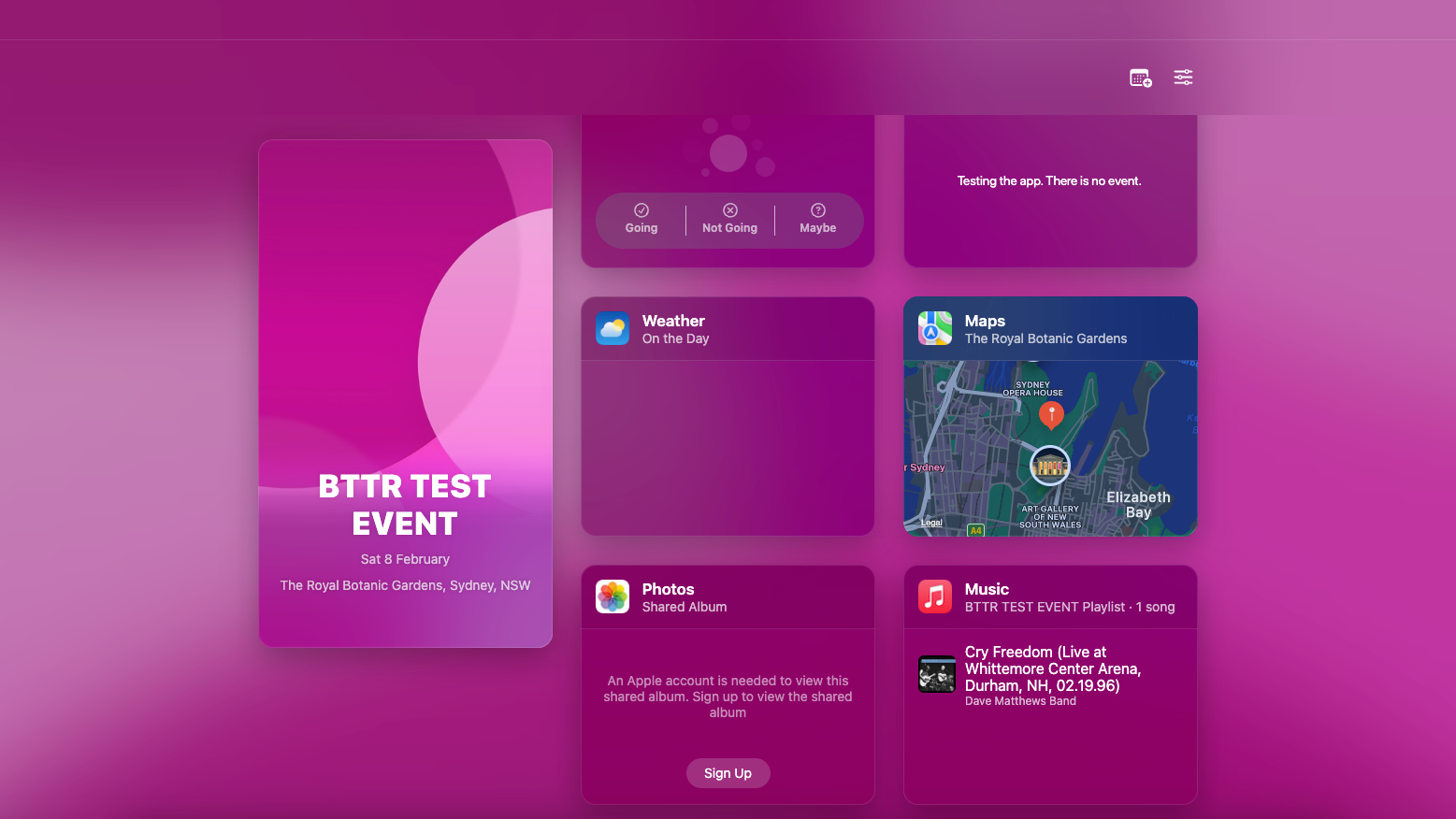 A screenshot of the invitation page for a fake event I created this weekend