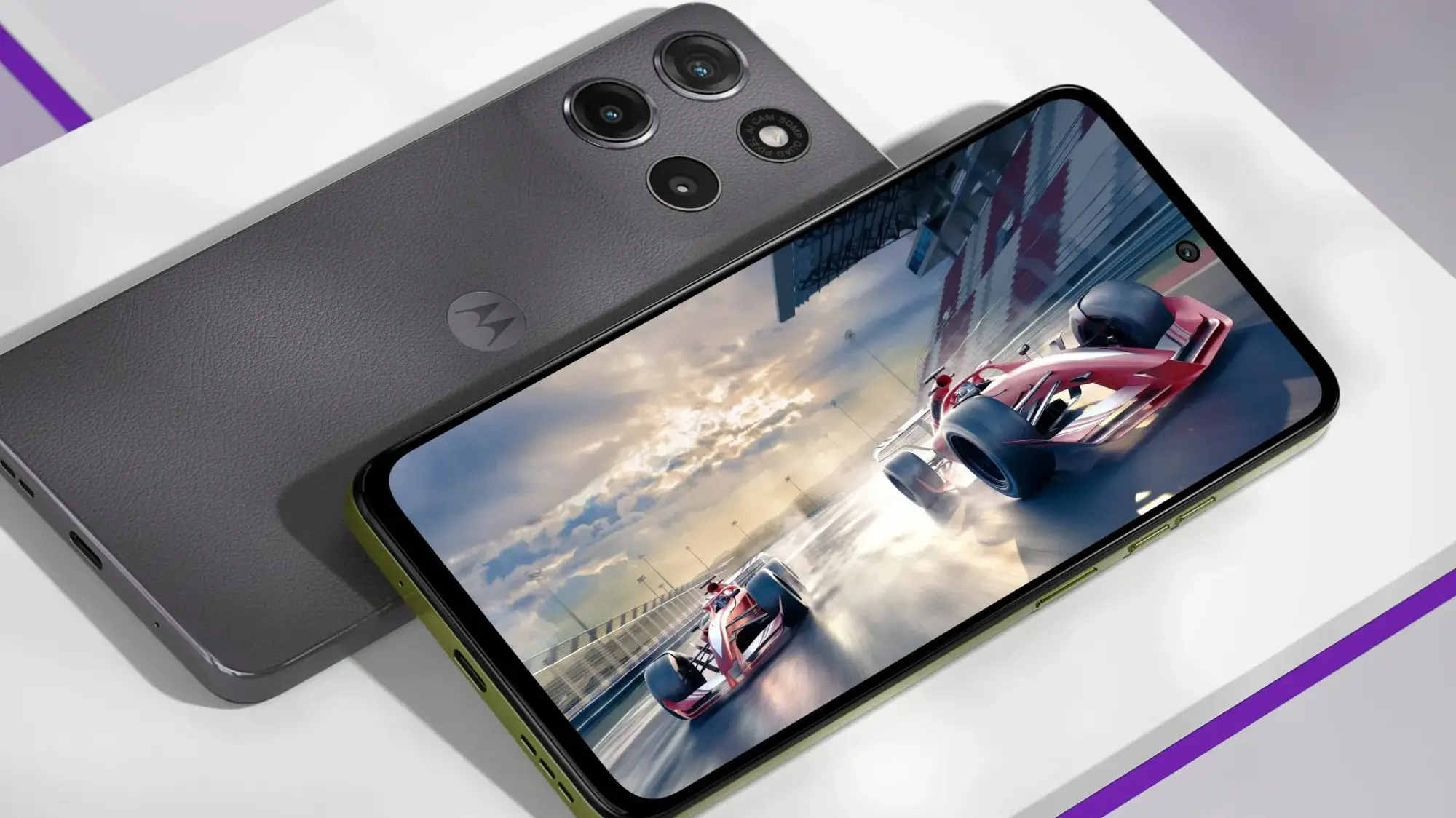 The moto g15 with formula one on the screen