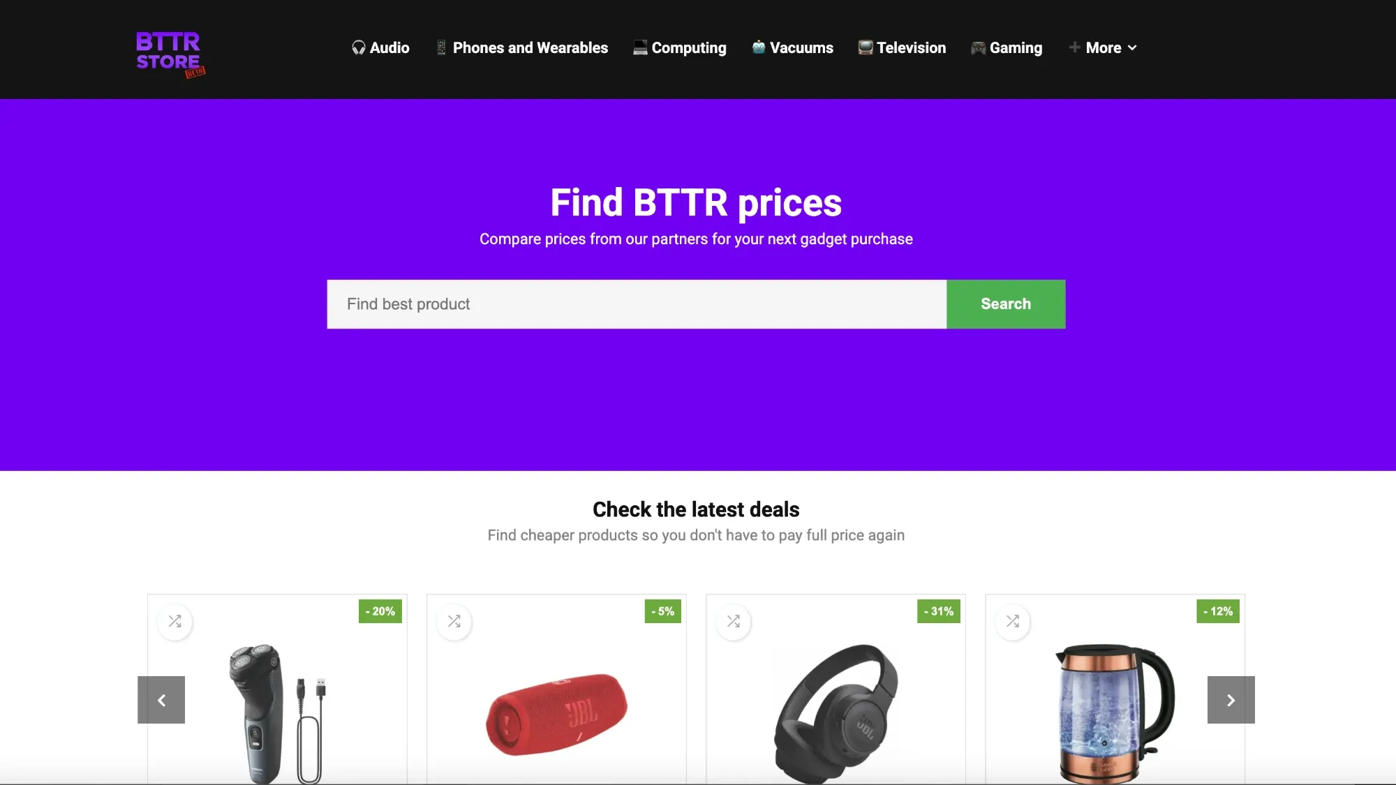 A screenshot of the BTTR Store